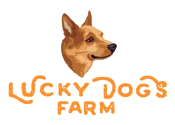 Logo of Lucky Dogs Farm featuring a stylized illustration of a dog’s head above the text, emphasizing the farm's focus on pet care and animal welfare.